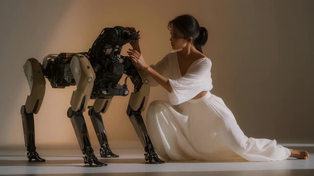 A robotics engineer testing a four-legged robot as pressure sensors display real-time load distribution on each limb, helping refine movement efficiency &mdash; robotics innovation, biomechanical