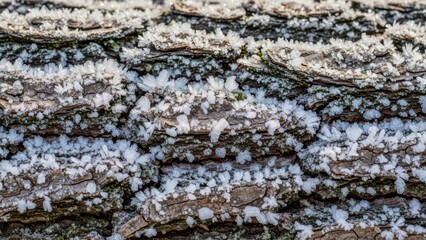 Frost-covered tree bark texture with crystals on wood surface in winter nature scene