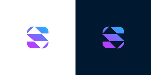 Modern abstract geometric letter S logo design, a vibrant gradient from purple to blue, presented on both white and dark backgrounds