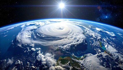 Obraz premium View of Earth from space with a hurricane swirling in clouds