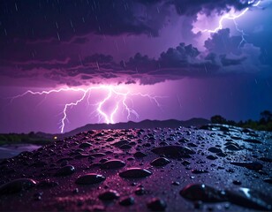 A dramatic nighttime landscape featuring a stormy sky with multiple lightning strikes illuminating the dark clouds over distant terrain