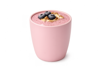 Pink berry smoothie with blueberries and granola for healthy breakfast