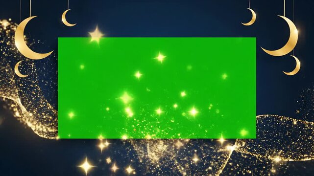 Animated blue and gold Ramadan background with a green screen colored area, featuring crescent moons and stars on a dark blue backdrop with sparkling gold accents.