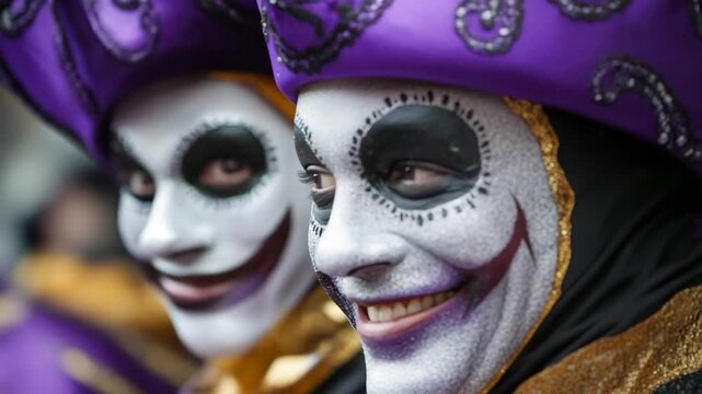 selective focus colorful carnival parade with masks and costumes
