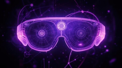 Futuristic Augmented Reality Glasses Glowing with Purple Light and Digital Interface.