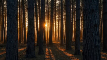 Sunlight filtering through dense forest of tall pine trees with warm golden glow at sunrise or sunset