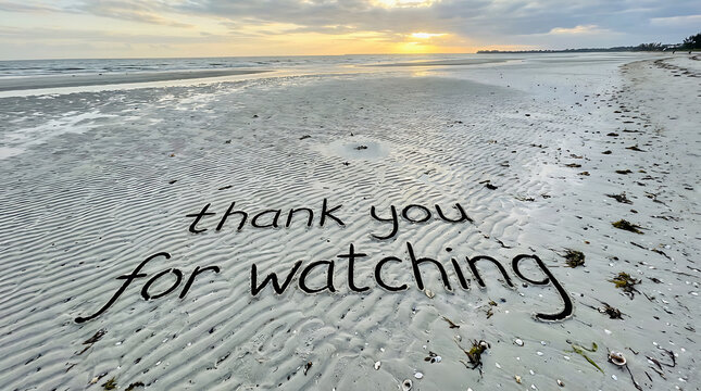 Thank You For Watching Message Written on Sandy Beach at Sunset.