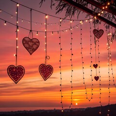 Romantic Sunset Landscape with Hanging Heart Decorations for Valentine&rsquo;s Day 14 February.