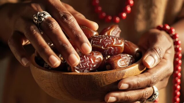 Close up of hands holding a bowl of dates.