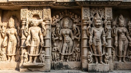 Ancient Indian temple carvings with mythological figures and intricate designs