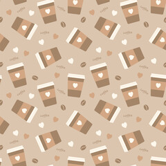 Vector illustration of a seamless pattern of coffee cups with hearts on a brown background.
