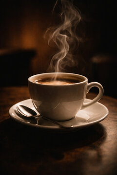 A steaming cup of hot coffee on a white saucer with a spoon, set against a dark, warm background.