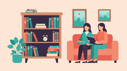 Two women converse on a couch near a bookshelf in a minimalist interior