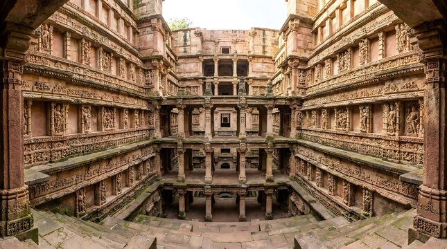 Ancient Rani ki vav carved stepwell with ornate stone architecture in India