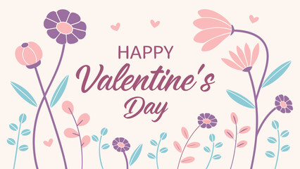 Happy Valentine's Day floral greeting with colorful flowers and hearts