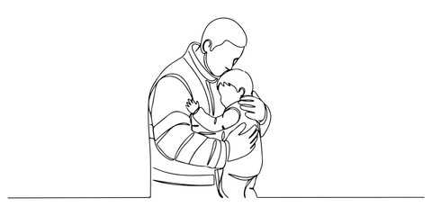 Obraz premium Continuous one line of a rescuer holding a child in arms, drawn vector illustration.