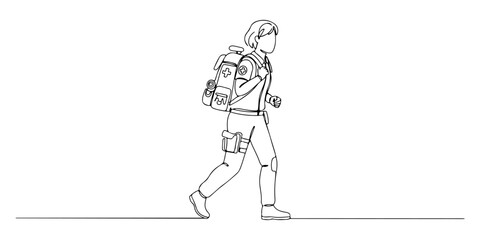 Fototapeta premium Continuous one line of a medical carrying supplies on their back, drawn vector illustration.