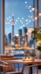Obraz premium Cozy café table with a view of the city skyline, featuring drinks, decorative lights, and a plant centerpiece in the foreground
