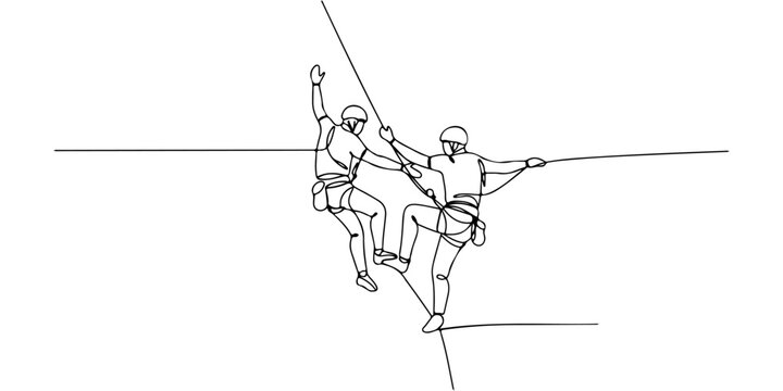 Continuous one line of a climber helping another ascend, drawn vector illustration.