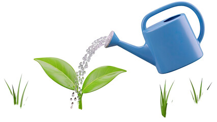 Watering a Young Plant with a Blue Watering Can