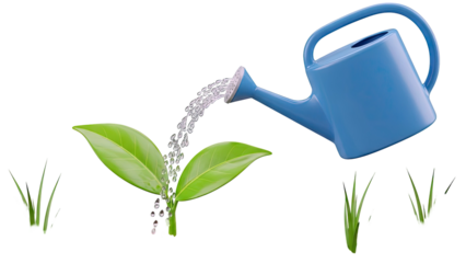 Watering a Young Plant with a Blue Watering Can