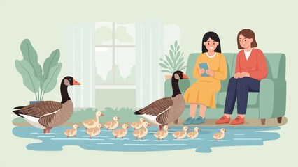 Two women observe geese and ducklings waddling in a calm body of water © joni