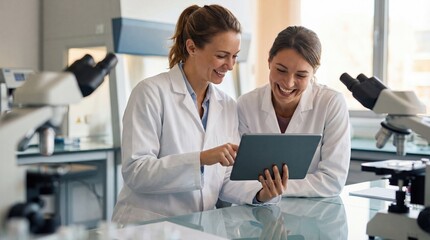 Female scientist laboratory teamwork tablet technology research white coat microscope Professional female scientist laboratory