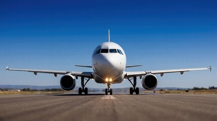 Airplane front view runway transportation aircraft travel blue sky jet airport landing flight aviation commercial tourism