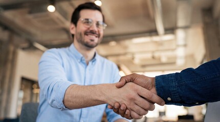Business handshake office teamwork partnership agreement trust success smiling casual professional man happy collaboration