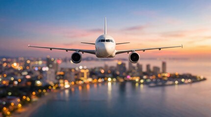 Airplane jet sunset city skyline travel flight ocean tourism vacation Airplane jet sunset city skyline travel flight over