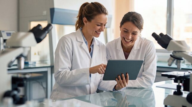 Female scientist laboratory teamwork tablet technology research white coat microscope Professional female scientist laboratory