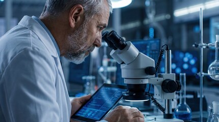 Scientist microscope laboratory research tablet technology male analysis focused scientist microscope laboratory research