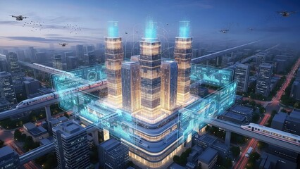 A futuristic cityscape with a large illuminated building complex at dusk featuring sleek skyscrapers with blue glowing tops and a network of elevated walkways