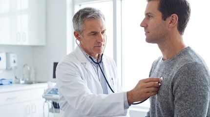 Doctor patient medical stethoscope healthcare clinic male doctor listens male patient chest in calm clinical examination room