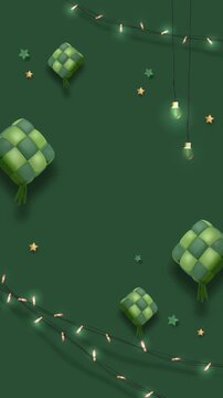 Eid Al-Fitr Greeting Animation with Ketupat, Hanging String Lights, and Star Ornaments on Green Background. Vertical Eid al Fitr Video Footage Template in Loop and 4K Quality