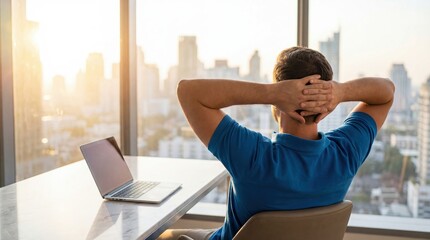 Businessman office man relax cityscape window relaxation modern office laptop work life balance skyline view Calm businessman