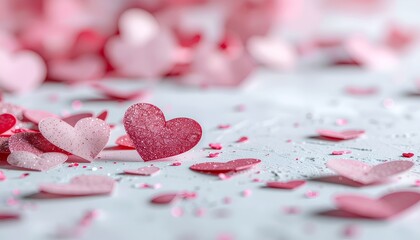 Sparkling Pink and Red Paper Hearts Scattered on a Light Background, Symbolizing Love and Romance