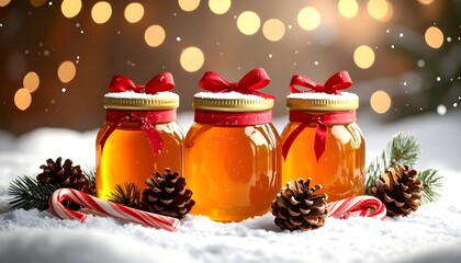 Festive jars of golden honey adorned with red ribbons and festive decorations, perfect for holiday gifting and winter celebrations