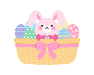 籠バスケットに入ったウサギと卵のイースターイラスト
