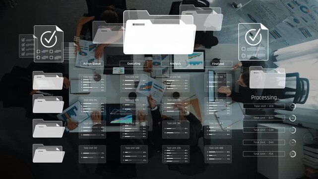 A modern office scene showcasing collaboration, digital folder management, and analytics with professionals engaged in discussion, utilizing laptops and documents effectively. Raster