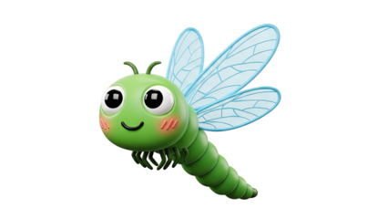 Cute 3D Cartoon Green Dragonfly with Blue Wings