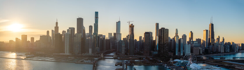 Obraz premium Aerial panoramic view of Chicago skyline at sunset in winter, January 13, 2026