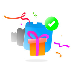 Modern vector illustration of daily reward concept. calendar page with gift box, floating ribbons, check mark. bonus, reward check in, loyalty program, achievement completion, gamification system