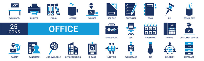 Office icon set. Containing work desk, printer, filing, coffee, worker, box file, checklist, book and more. Solid vector icons collection.