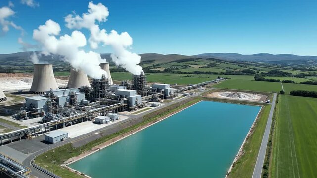 Aerial View of Industrial Power Plant With Cooling Ponds.