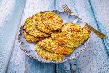 Gluten free zucchini and broccoli oven baked pancakes, low carb diet