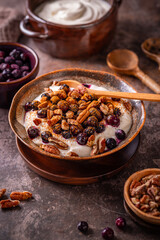 Organic Greek yogurt with pecan nuts, blueberries and cinnamon