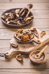 Pieces of dried mushrooms in bowl, preserving food