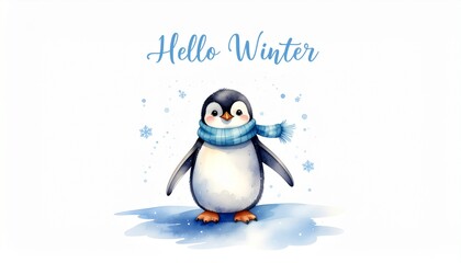 Obraz premium Cute Penguin in Blue Scarf on Ice with 