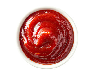 Ketchup in white bowl viewed from above; textured swirls on surface